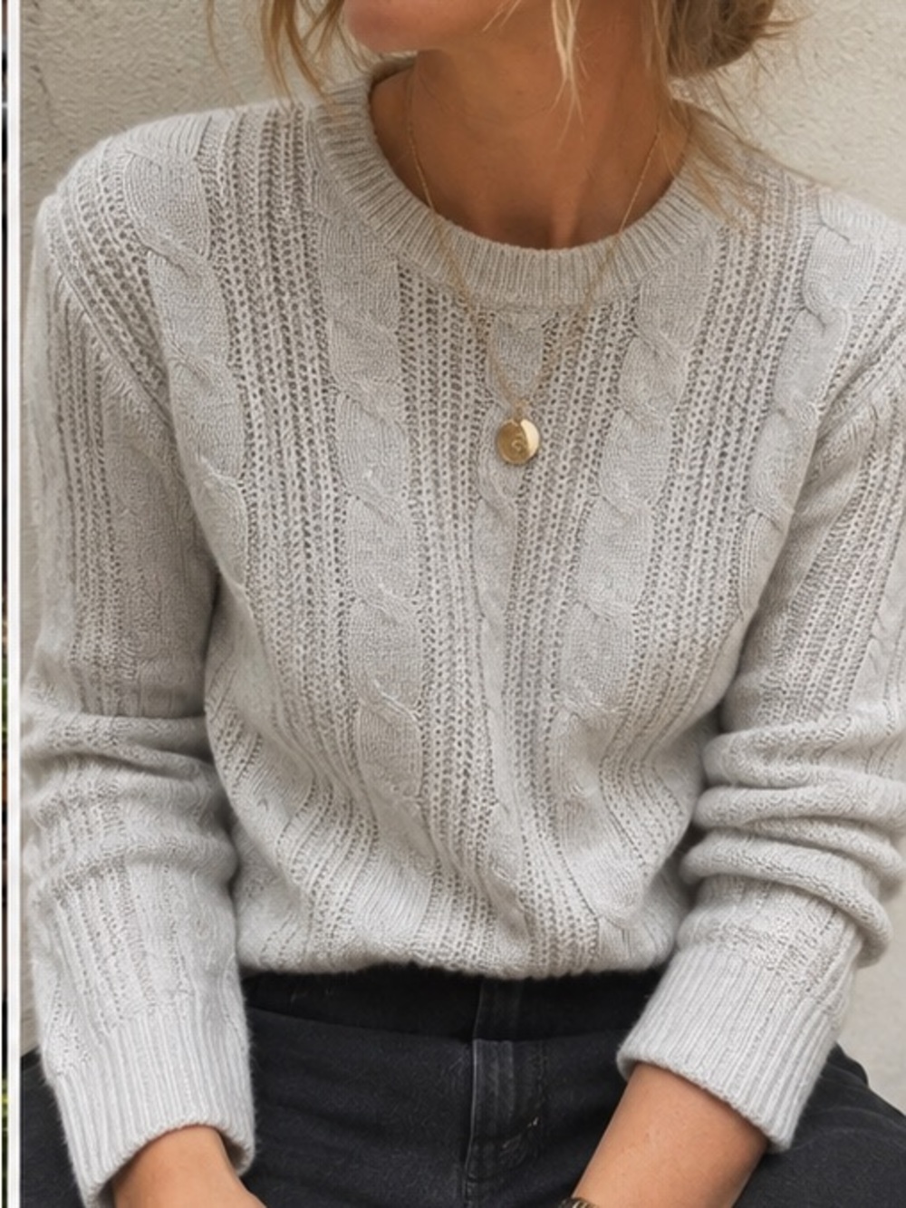 french connection • Marled Gray White Wool Blend Fisherman Cable Knit Sweate